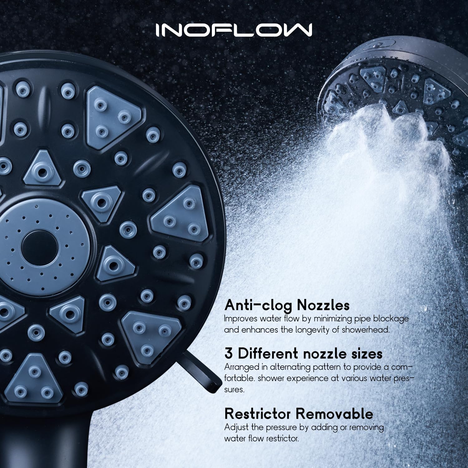 InoFlow High Flow Handheld Showerhead with 7 Modes and 60 Hose Matt Black