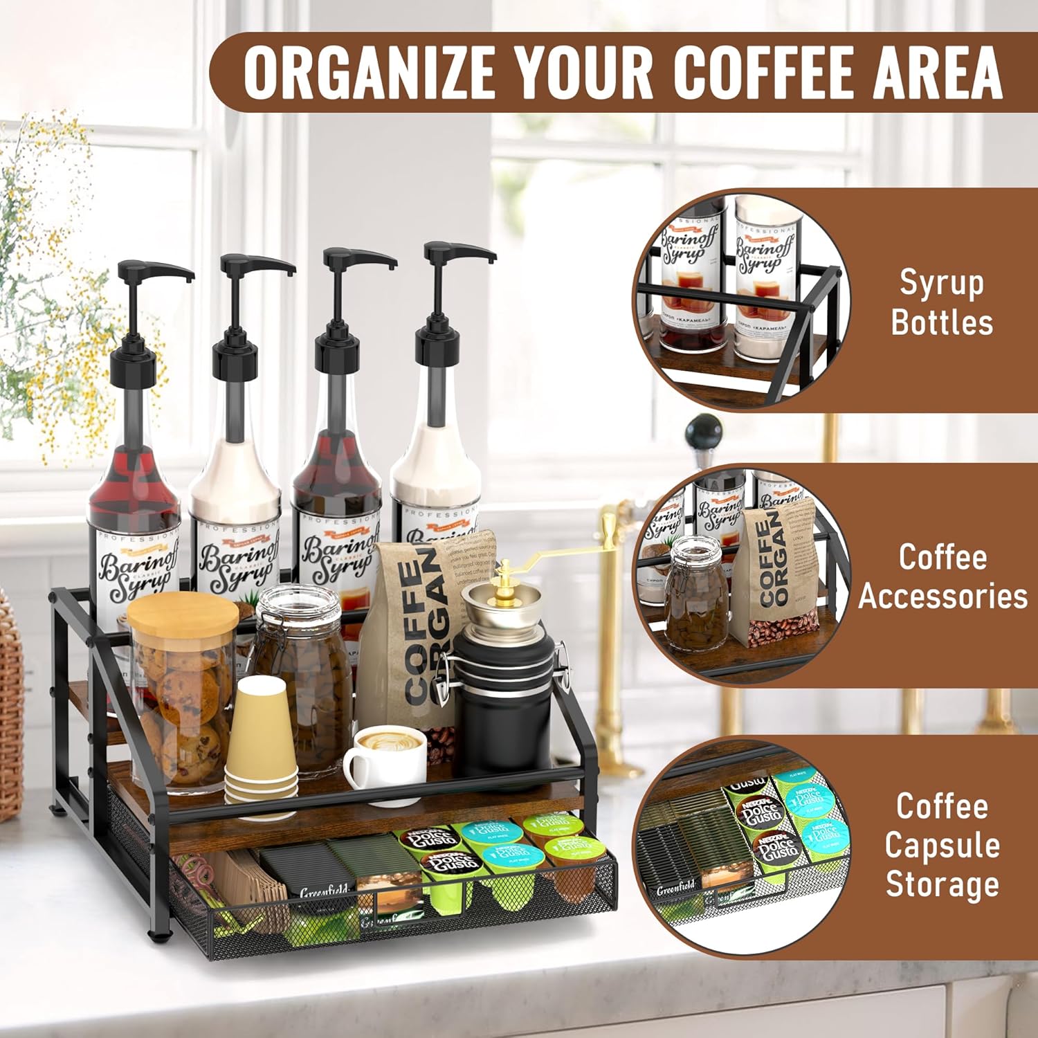 Alyoen 3-Tier Coffee Syrup Organizer Rack with 35K Cup Storage