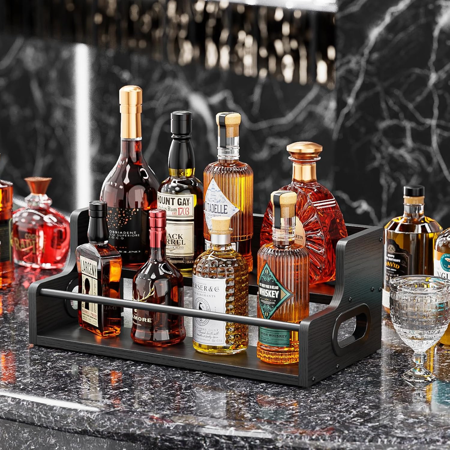 KLM Distressed Wooden Liquor Display Shelf 2-Tier Bar Organizer Black