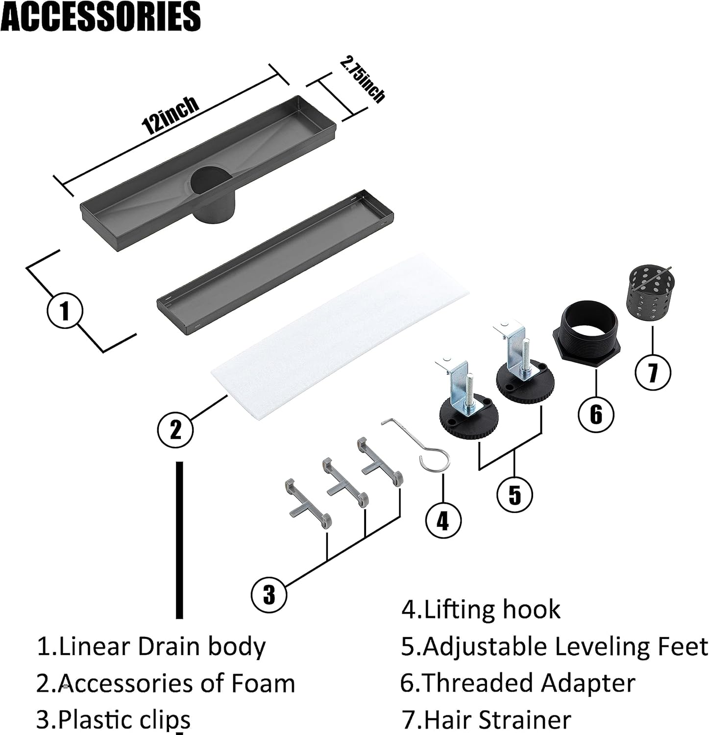 12 Inch Matte Black Linear Shower Drain with Removable Panel