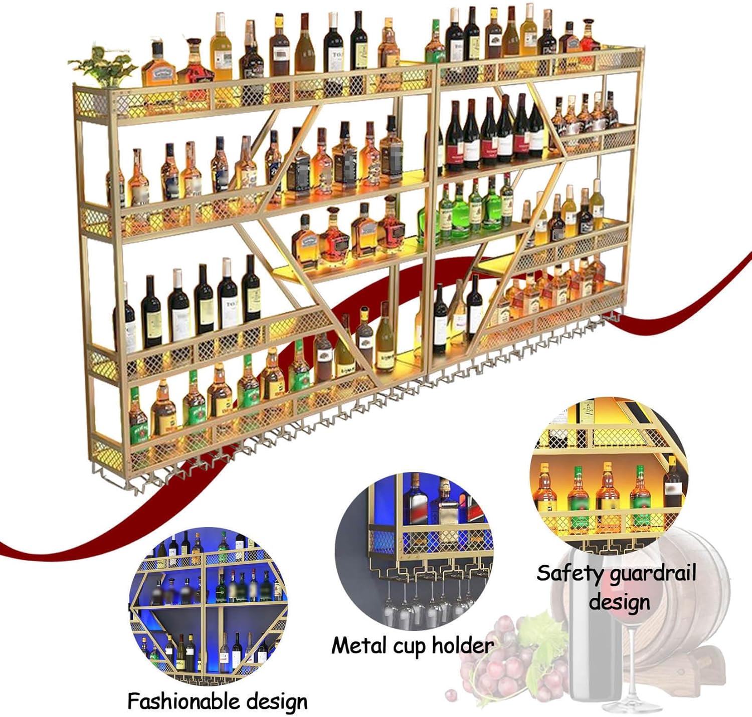 RAJYQODIS Wall-Mounted Wine Rack with Glass Holder 3-Tier Black Diamond Design