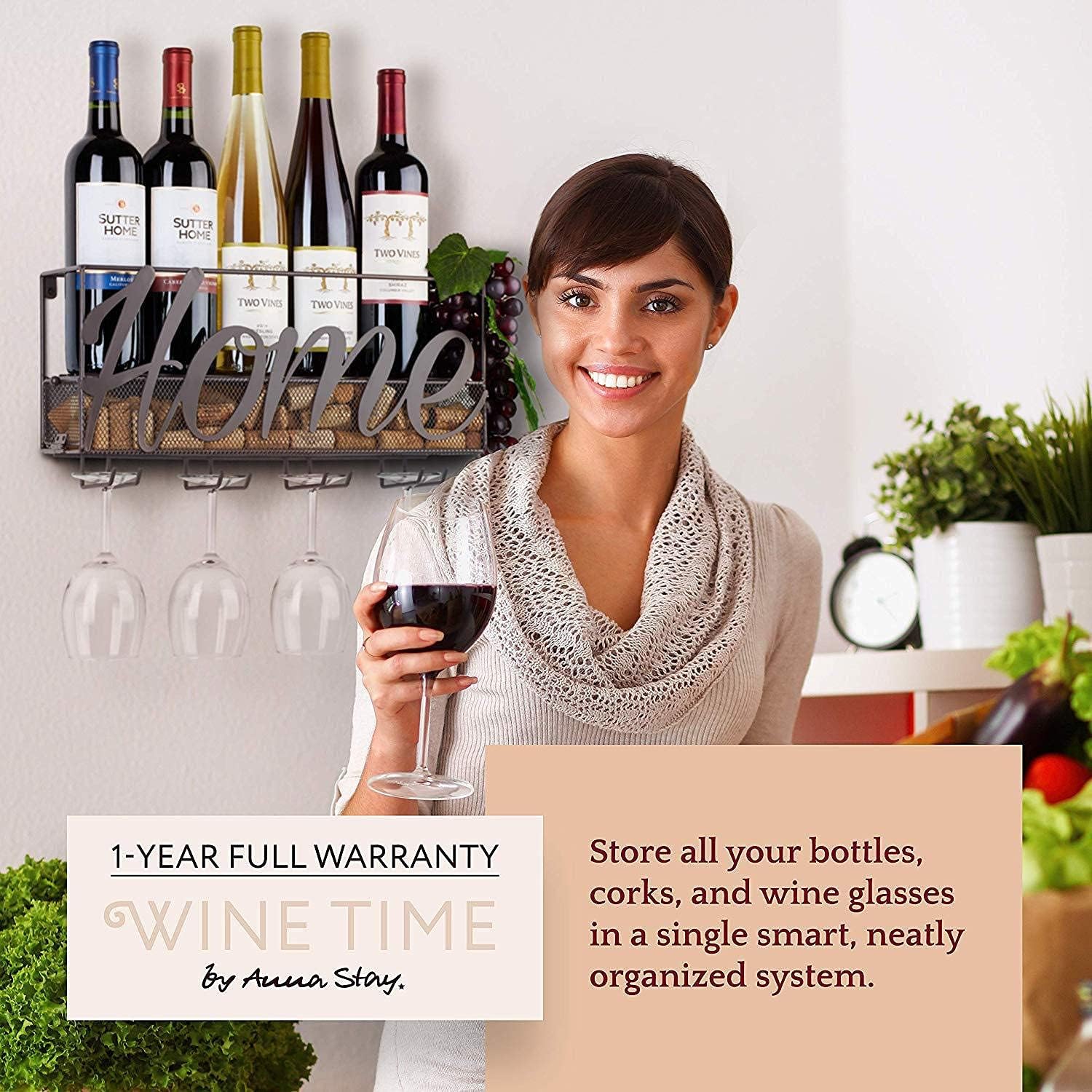 LASEVE Wall-Mounted Wine Rack 5 Bottles 4 Glasses