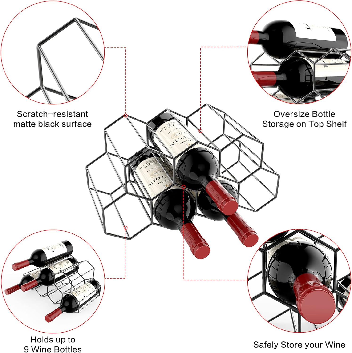 Handisen 9 Bottle Freestanding Wine Rack Black Metal Honeycomb Storage Stand