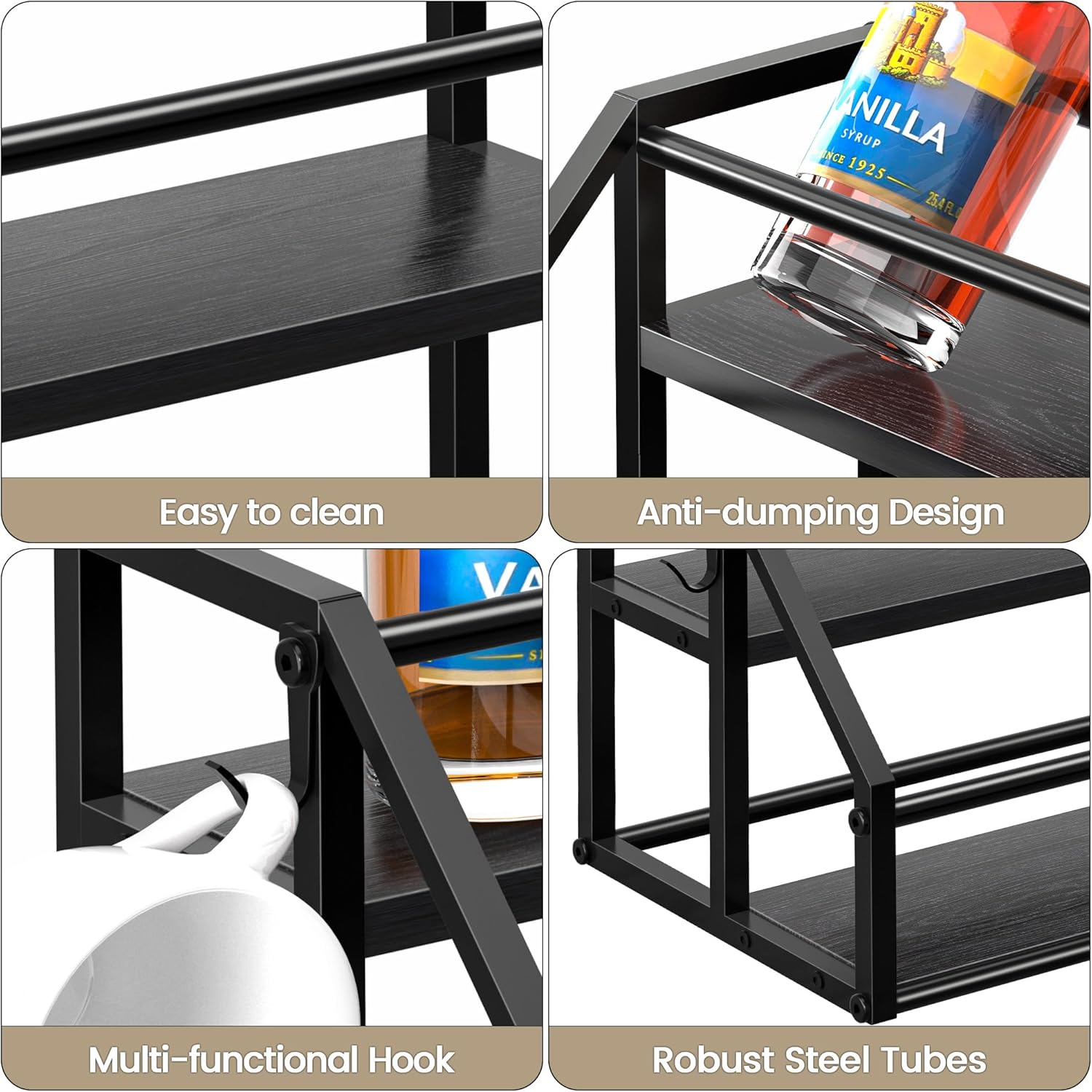 Homedawn Coffee Syrup Rack Organizer 2-Tier 8 Bottles Black