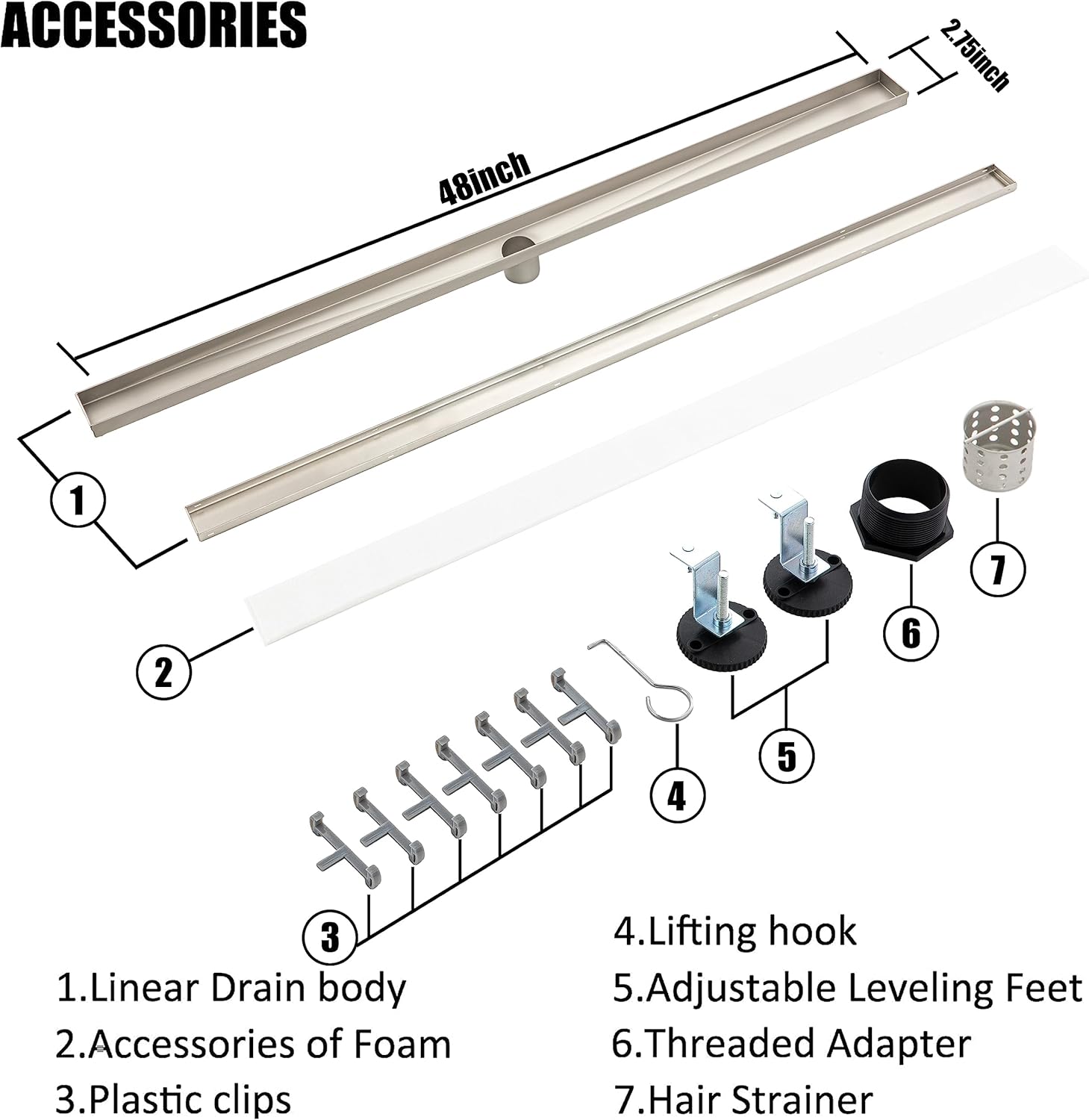 JECONNY 48 Inch Linear Shower Drain with 304 Stainless Steel Panel