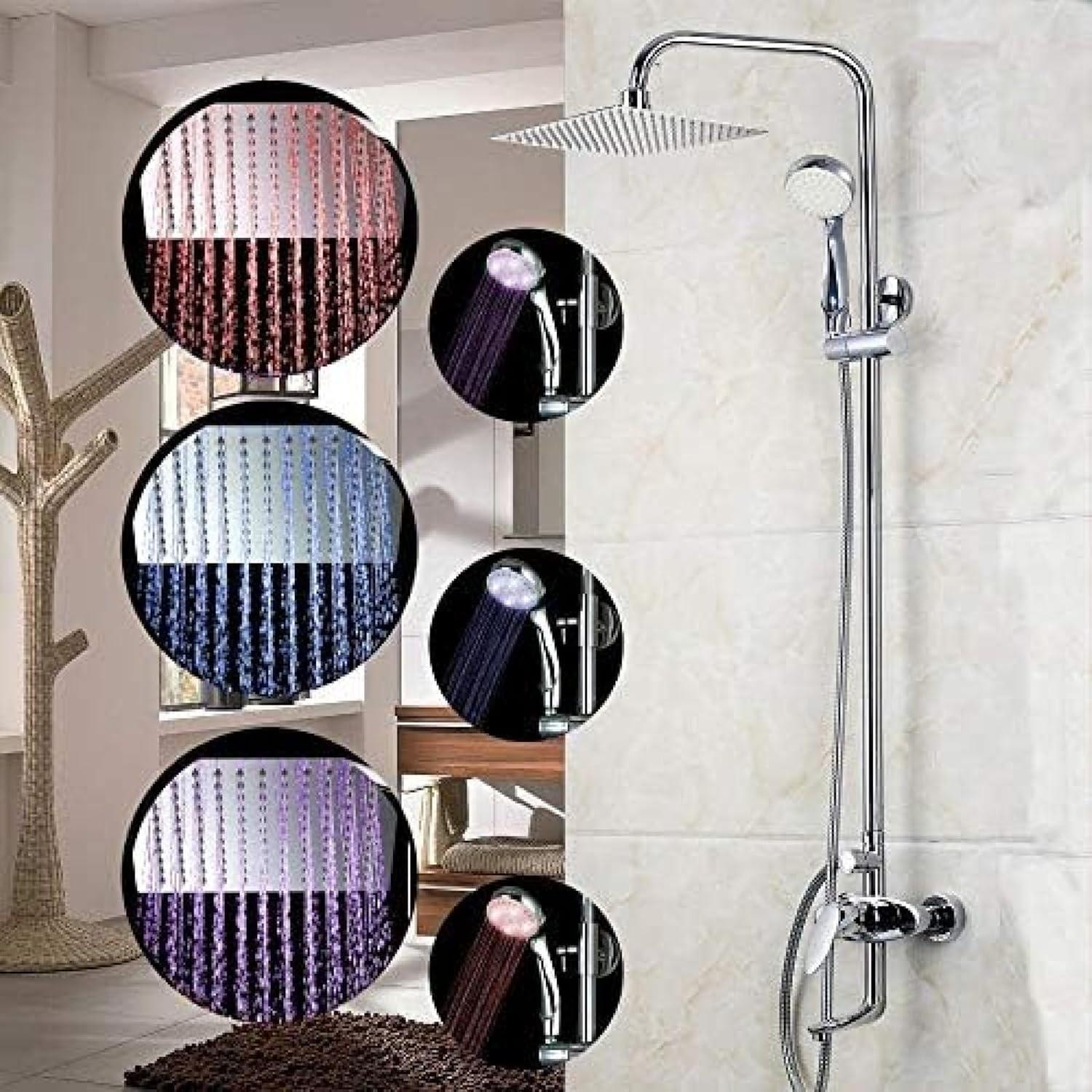 TECKI Square Chrome LED Rain Shower Trim System 8 Inch