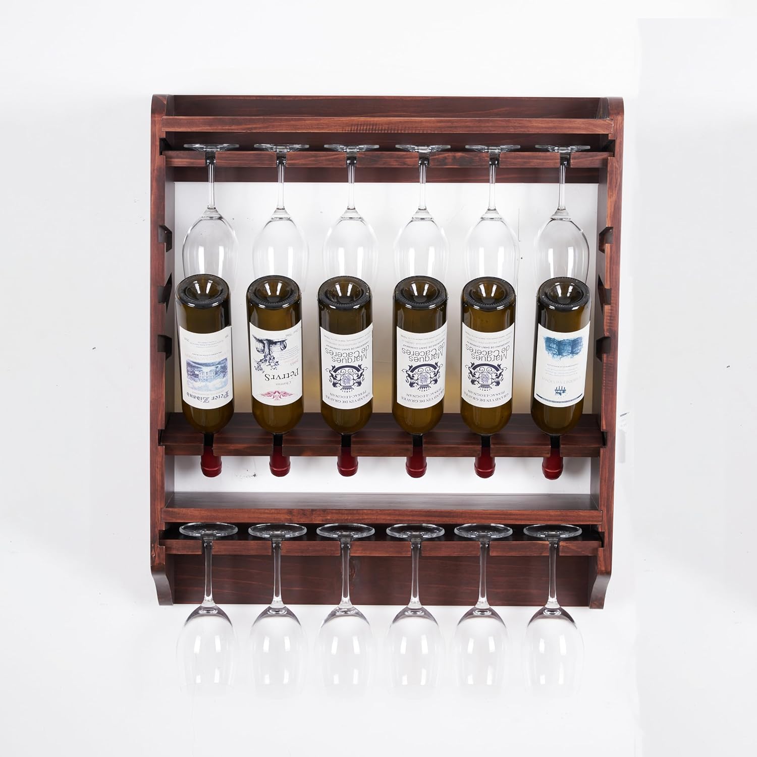 18-Bottle Wall Wine Rack with Glass Holder and Solid Wood Design