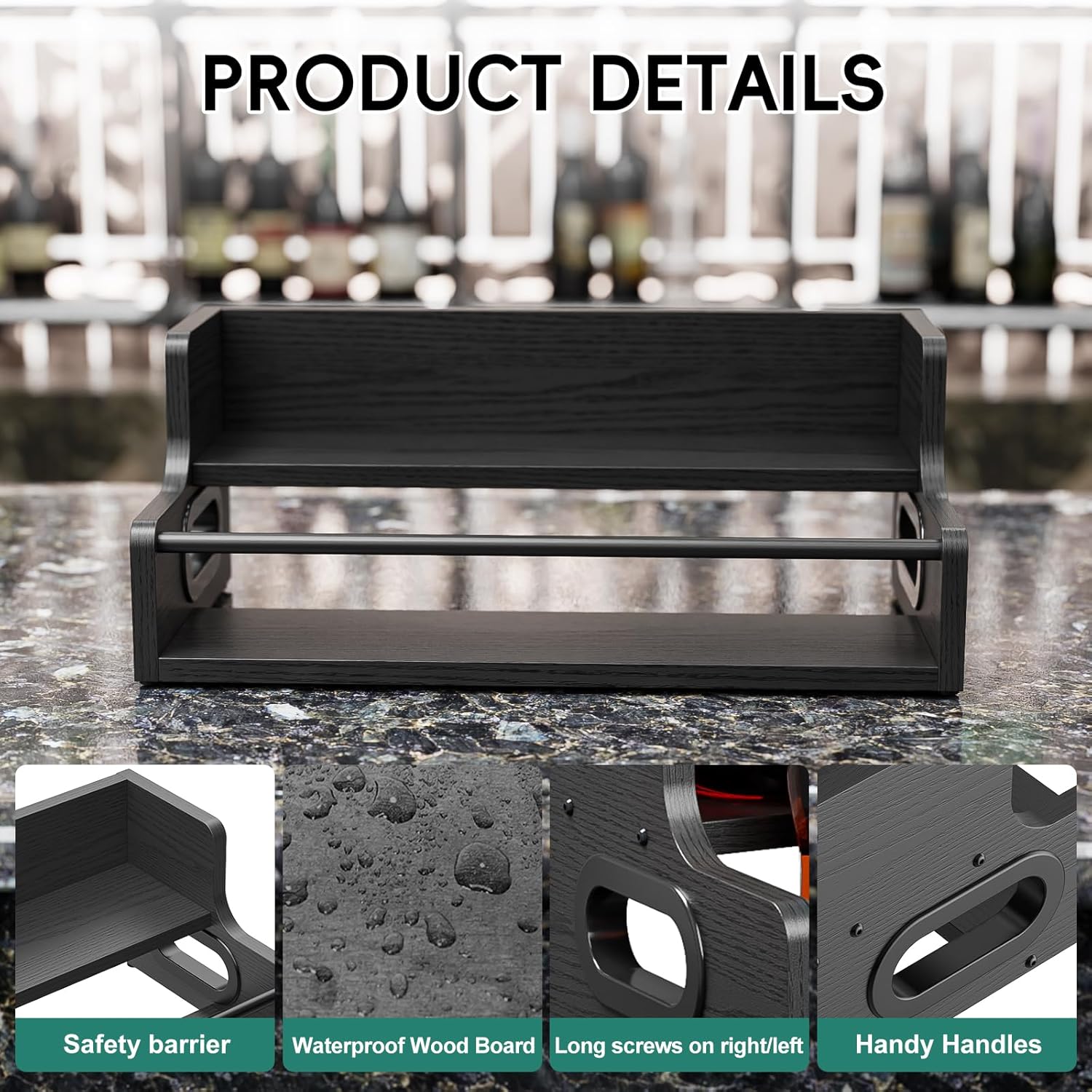 KLM Distressed Wooden Liquor Display Shelf 2-Tier Bar Organizer Black
