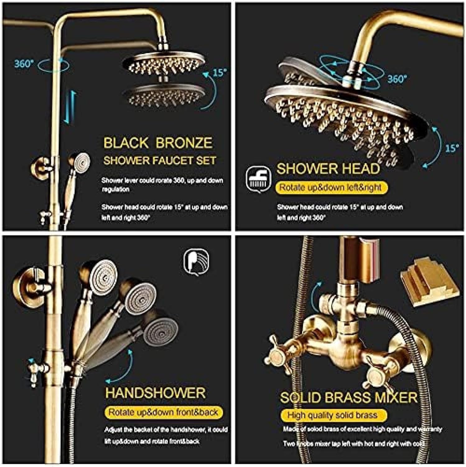 TECKI Antique Brass Shower Faucet Set with Rainfall Head and Handheld Shower