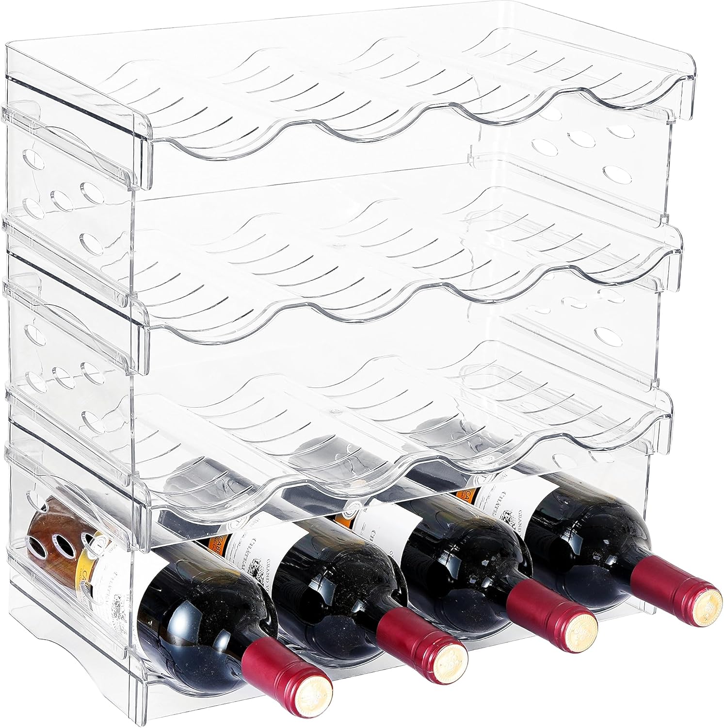 IEEK Clear Plastic Stackable Bottle Rack Holds 16 Bottles 4 Pack