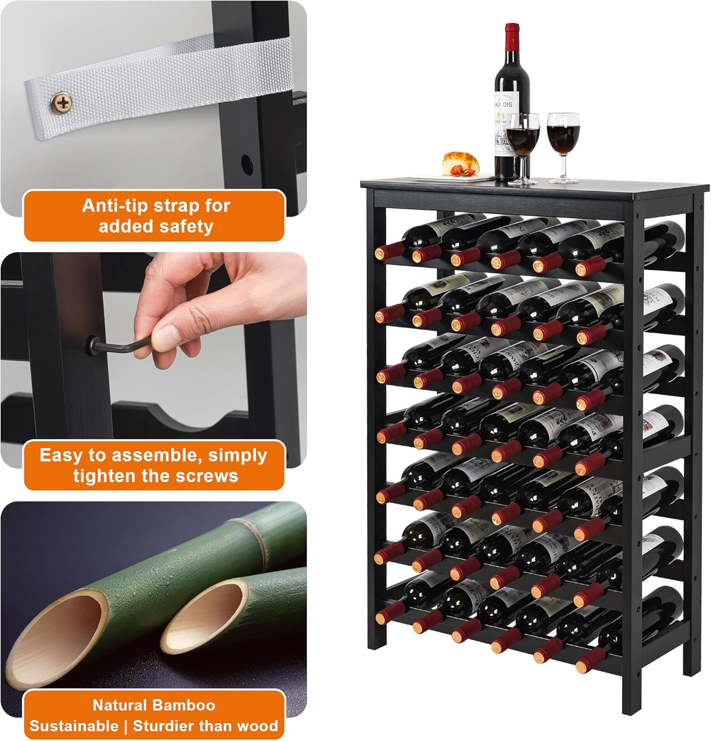 VASMIA 42-Bottle Bamboo Wine Rack 7-Tier Freestanding Floor