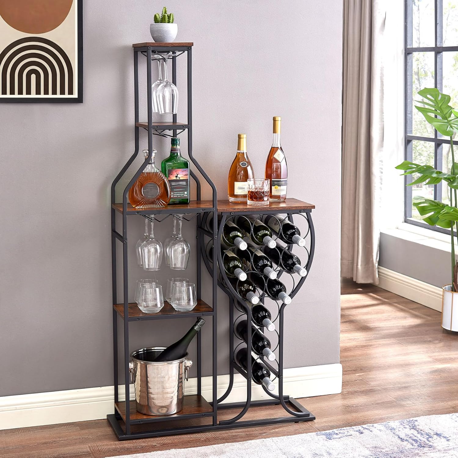 5 Tier Freestanding Wine Rack with 11 Bottle Capacity and Glasses Holder Brown