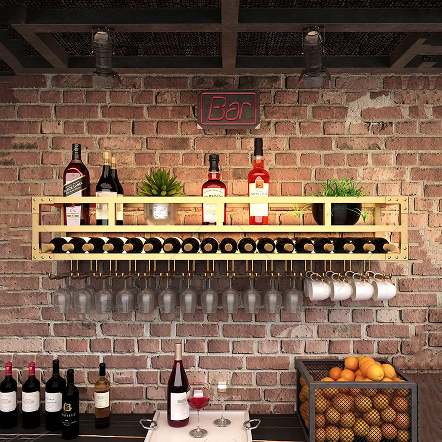 2-Layer Wall-Mounted Wine Rack - Wrought Iron Wine Bottles and Glasses Holder