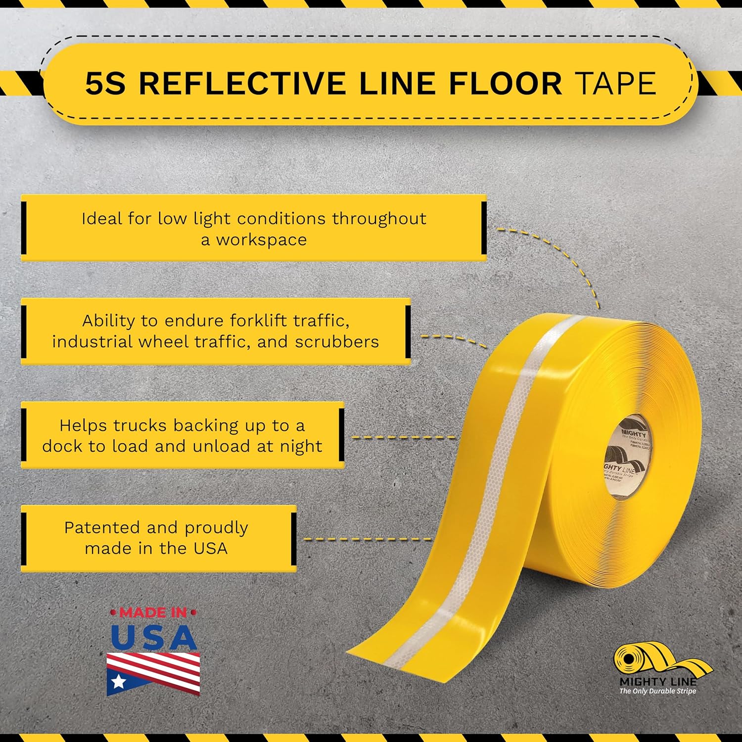 Mighty Line Heavy-Duty Reflective Floor Tape 4 Yellow 75 Roll