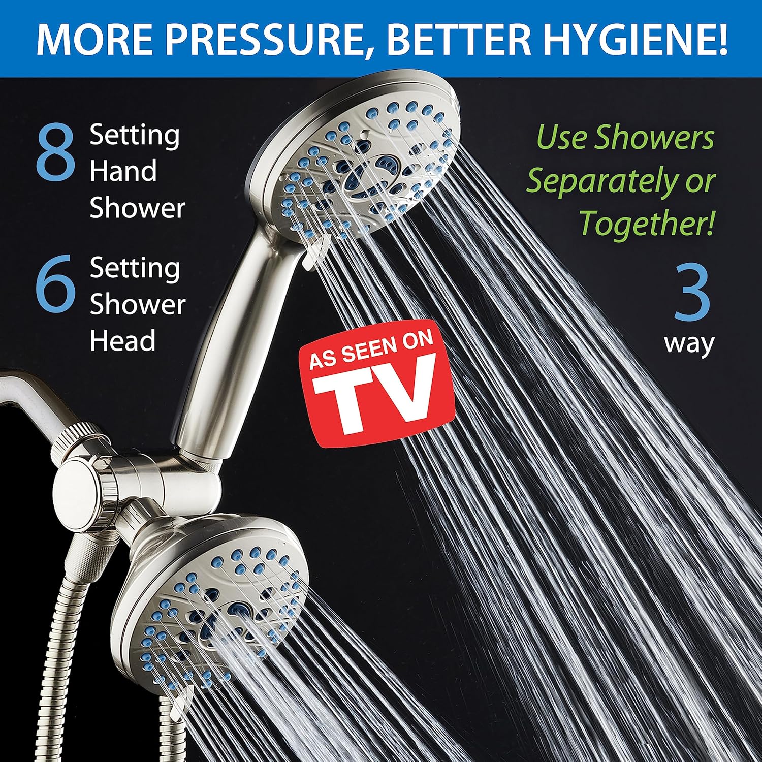 Hotel Spa AquaCare High Pressure 48-Setting Rain Handheld 3-Way Shower Combo