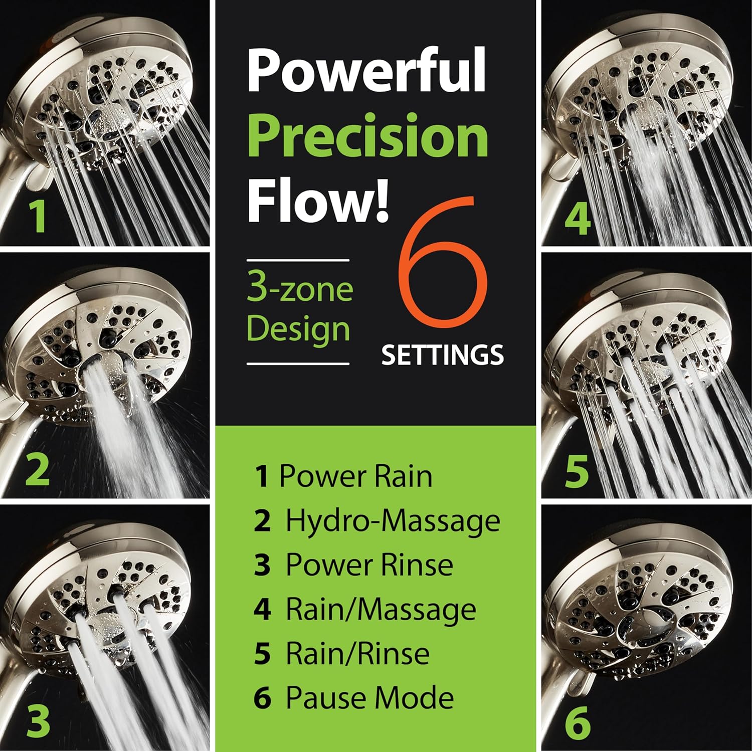 AquaDance High Pressure 6-Setting Handheld Shower Head with Stainless Steel Hose
