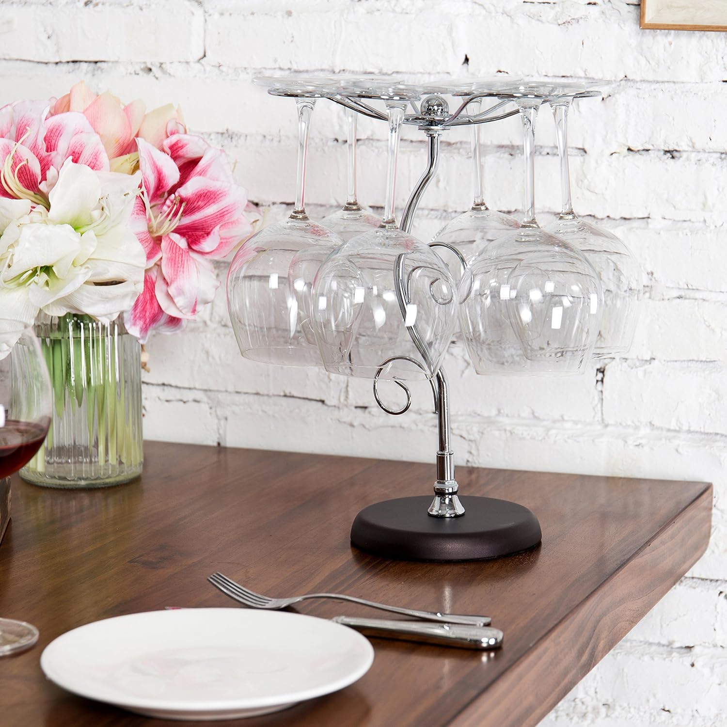 MyGift 6-Hook Wine Glass Holder with Scrollwork Design