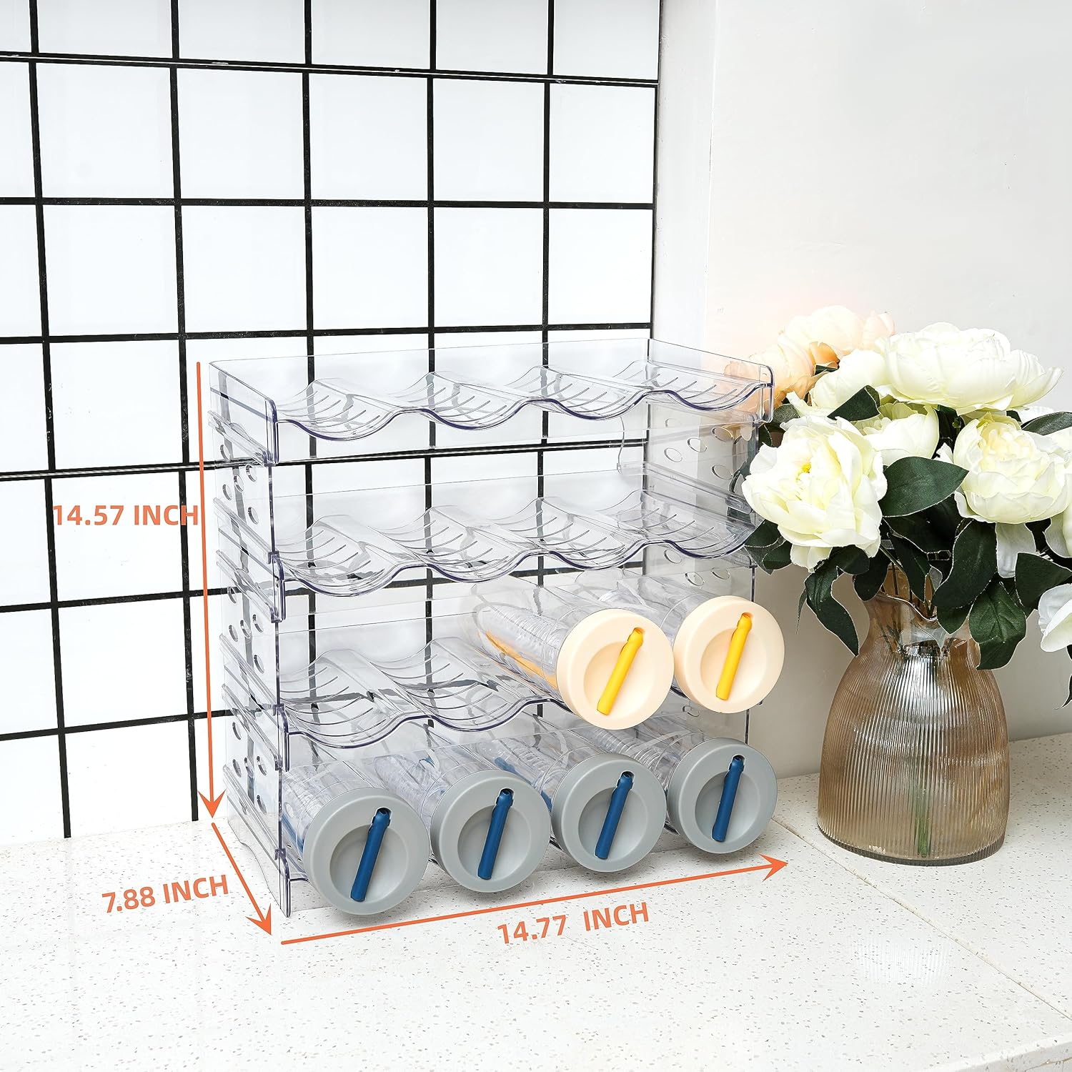IEEK Clear Plastic Stackable Bottle Rack Holds 16 Bottles 4 Pack